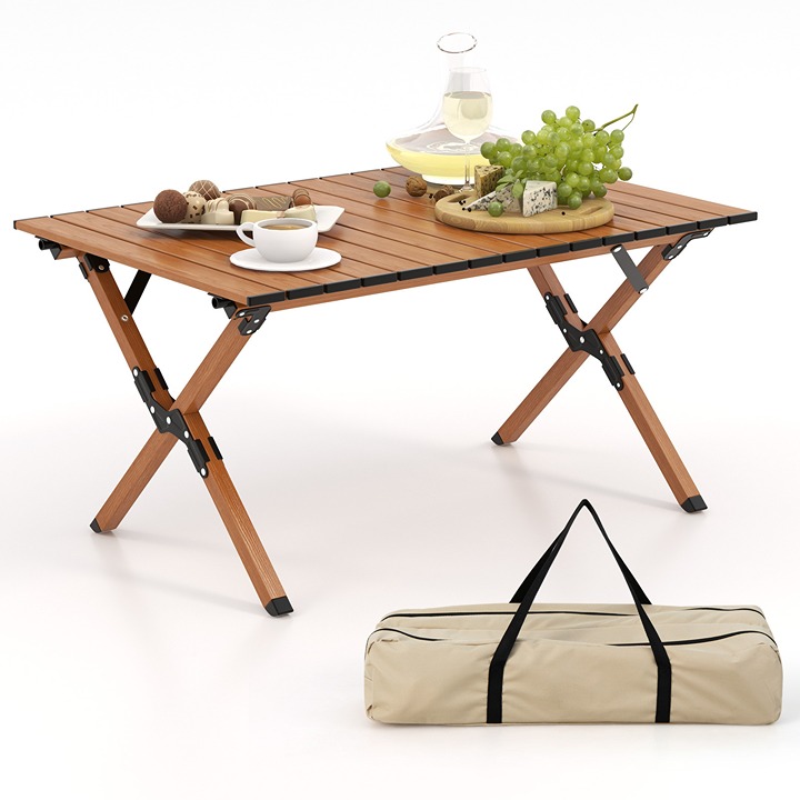 Folding Aluminum Camping Table w/ Carry Bag Roll-Up Picnic Table w/ Wood Grain