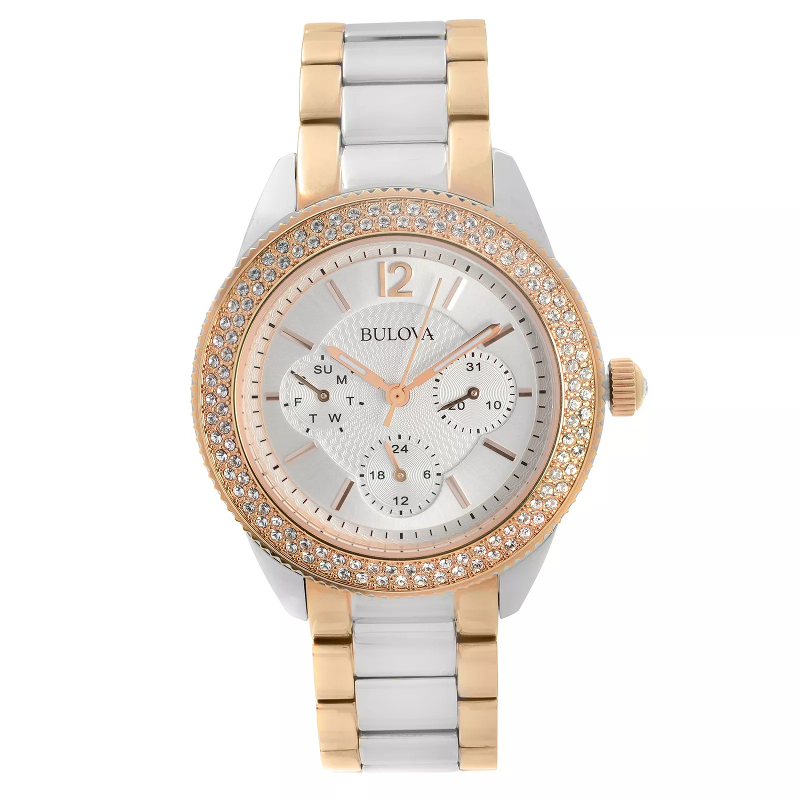 Bulova Crystal 38mm Stainless Steel Silver Dial Ladies Quartz Watch 98N100