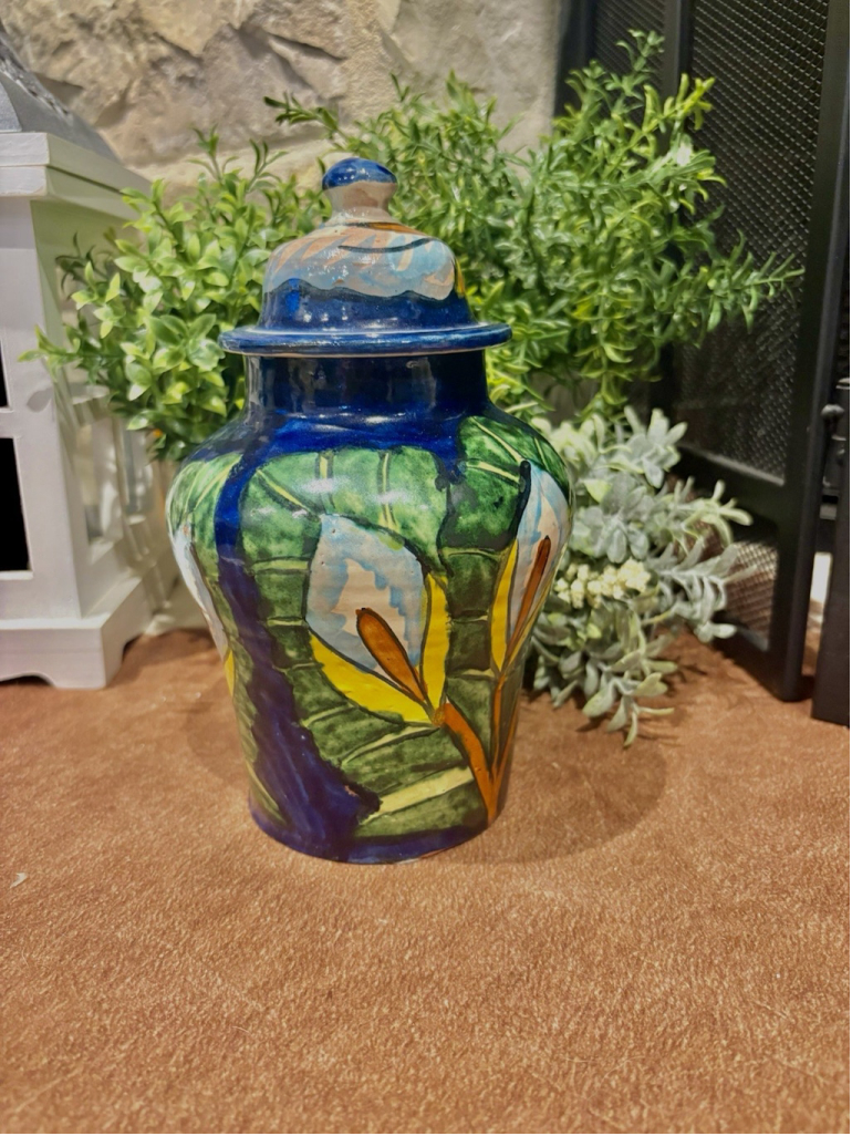 Mexican Pottery Folk Art Blue Calla Lili Motif Lidded Ginger Jar Signed M.Mora
