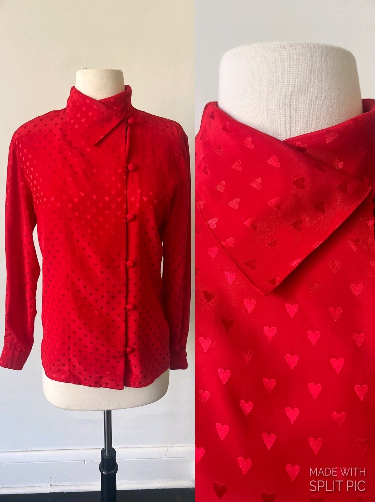 Vintage Evan-Picone Heart Print Red Satin Blouse 1980’s Heart Graphic Satin Top