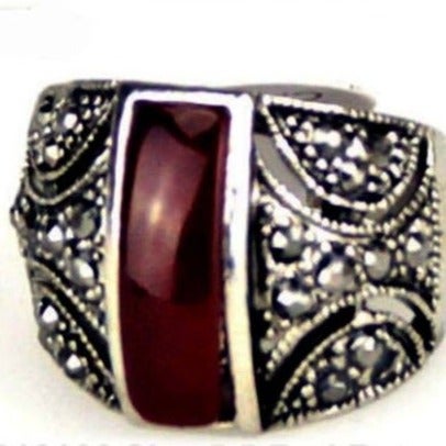 Vintage Retro sz 5.5 Rectangular Carnelian Diamante Silver Ring