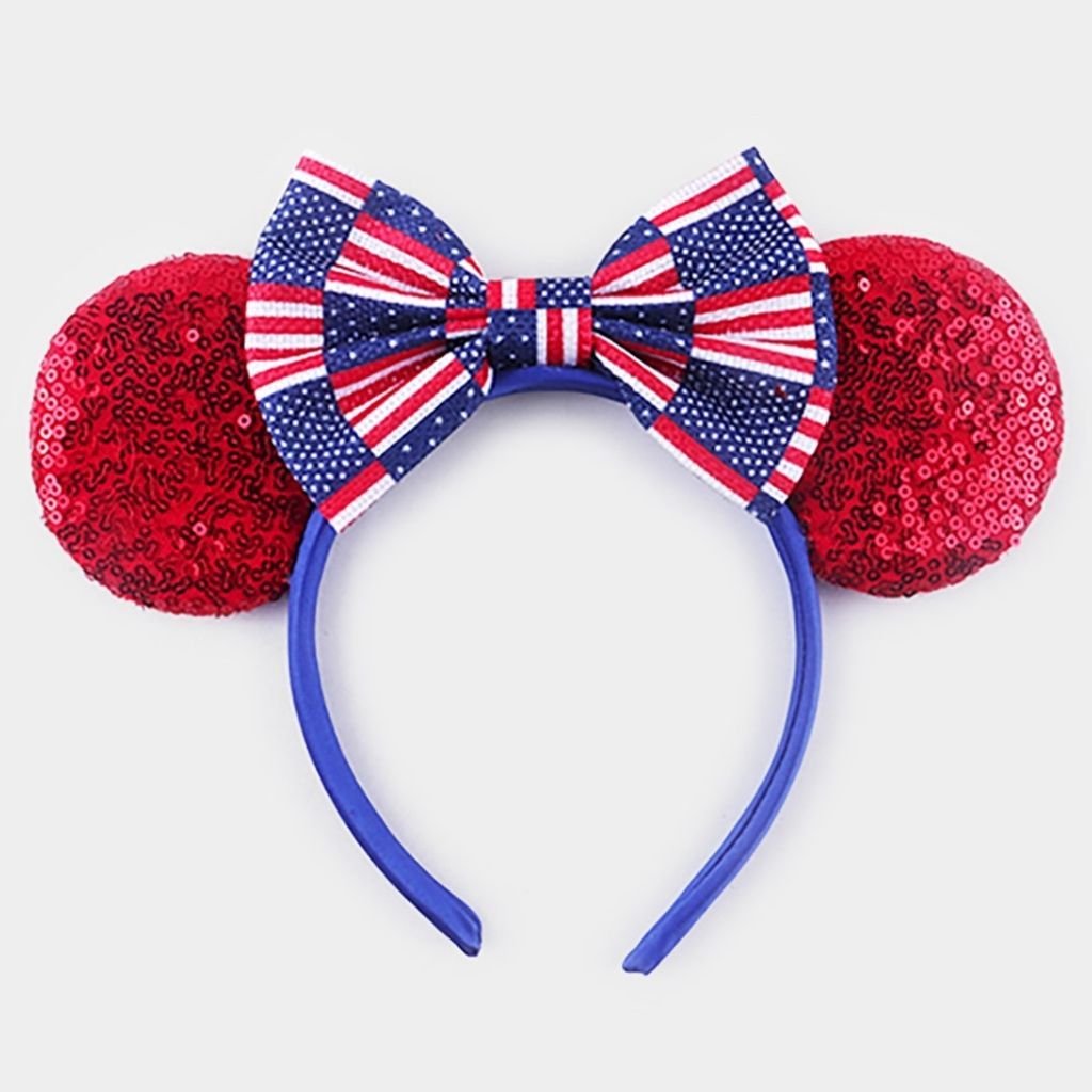 Red White Blue Sequin Mouse Ears Striped American USA Flag 4th Of July Headband