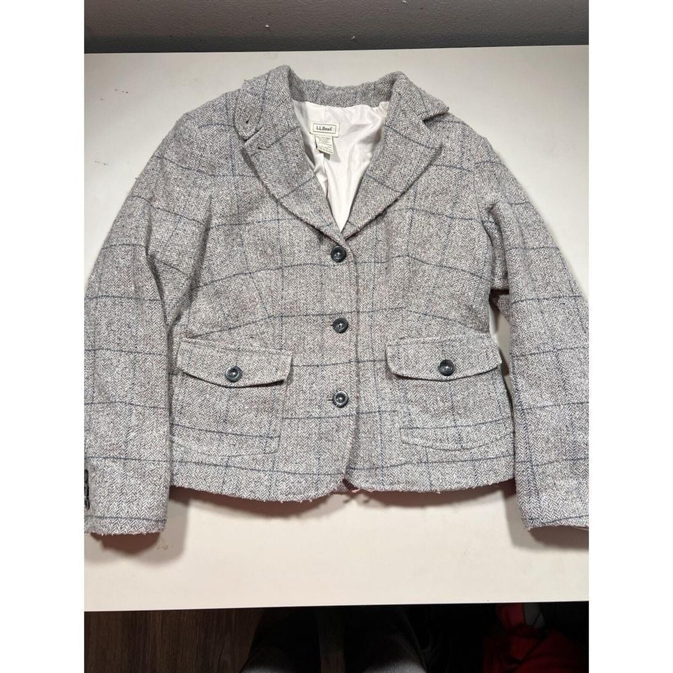 LL Bean Vintage Blazer Jacket Women S Gray Wool Silk Herringbone Tweed Career