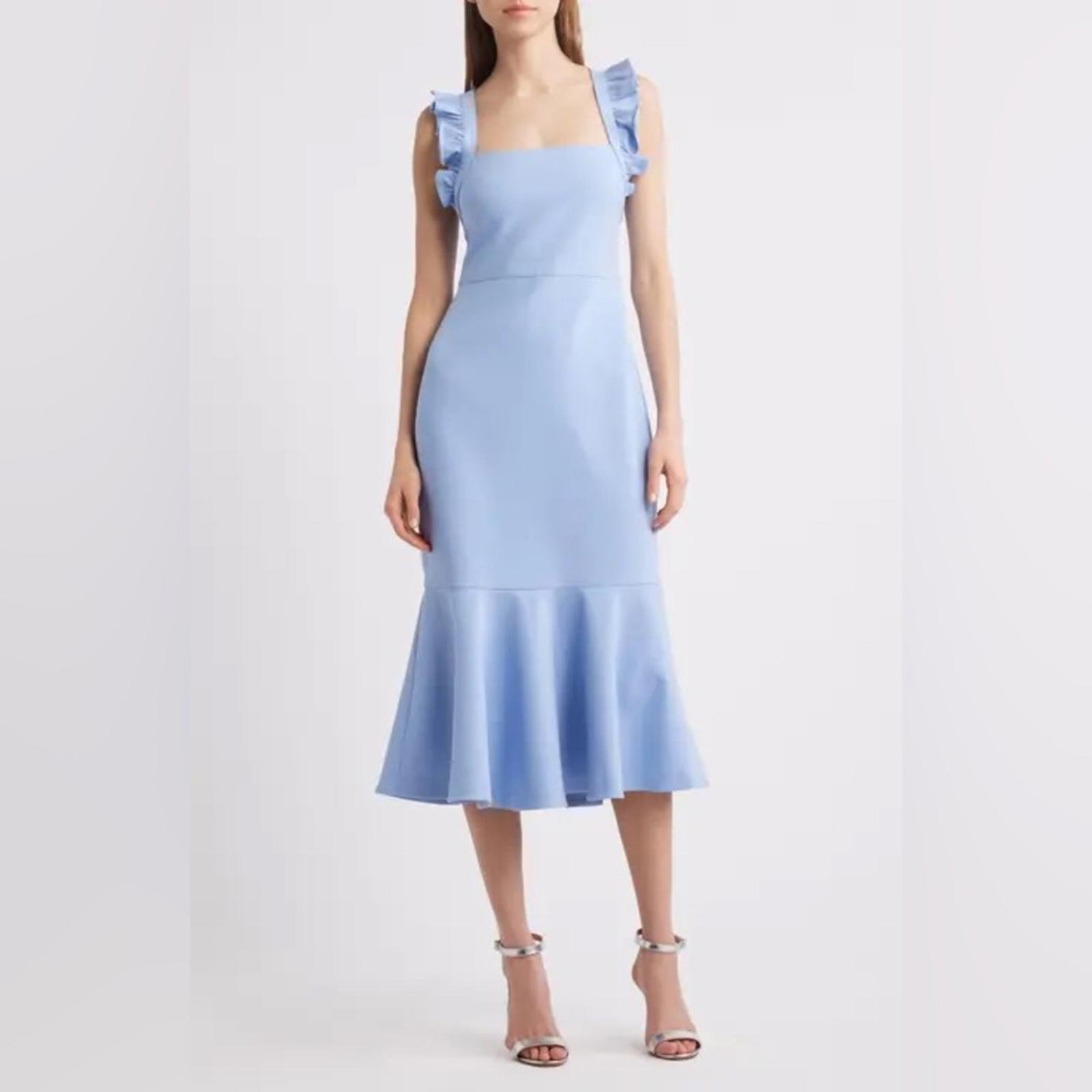 Likely Hara Ruffle Strap Midi Dress Size 8 Light Blue Fit & Flare Cocktail
