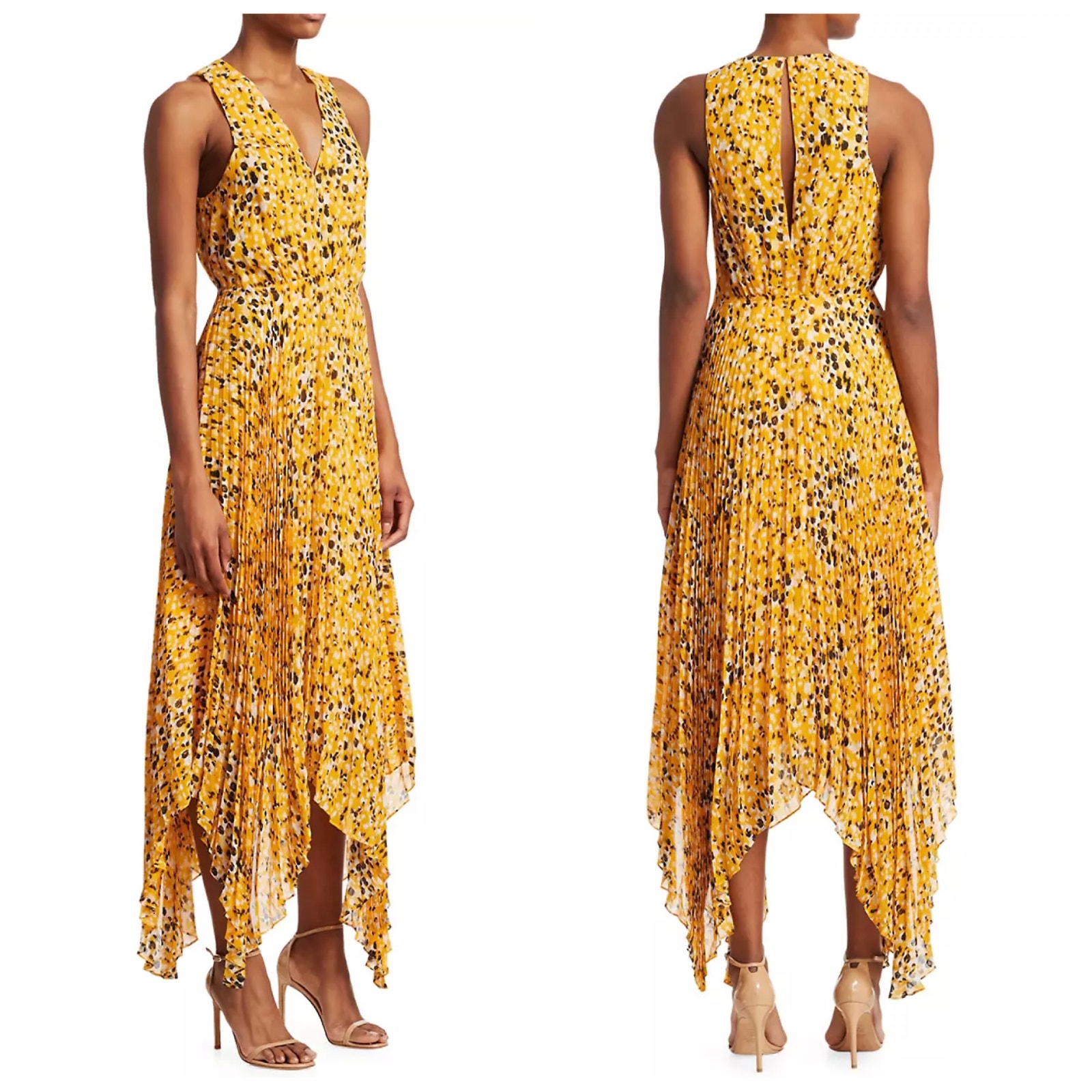 10 Crosby Derek Lam Sleeveless Animal Print Pleated Dress Gold Yellow