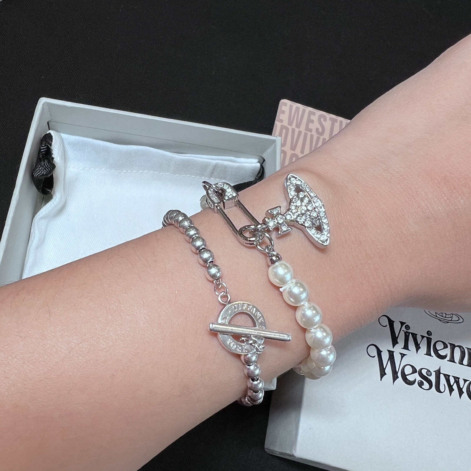 Vivienne Westwood Classic Silver Safety Pin Orb Pearl Bracelets With Box~041