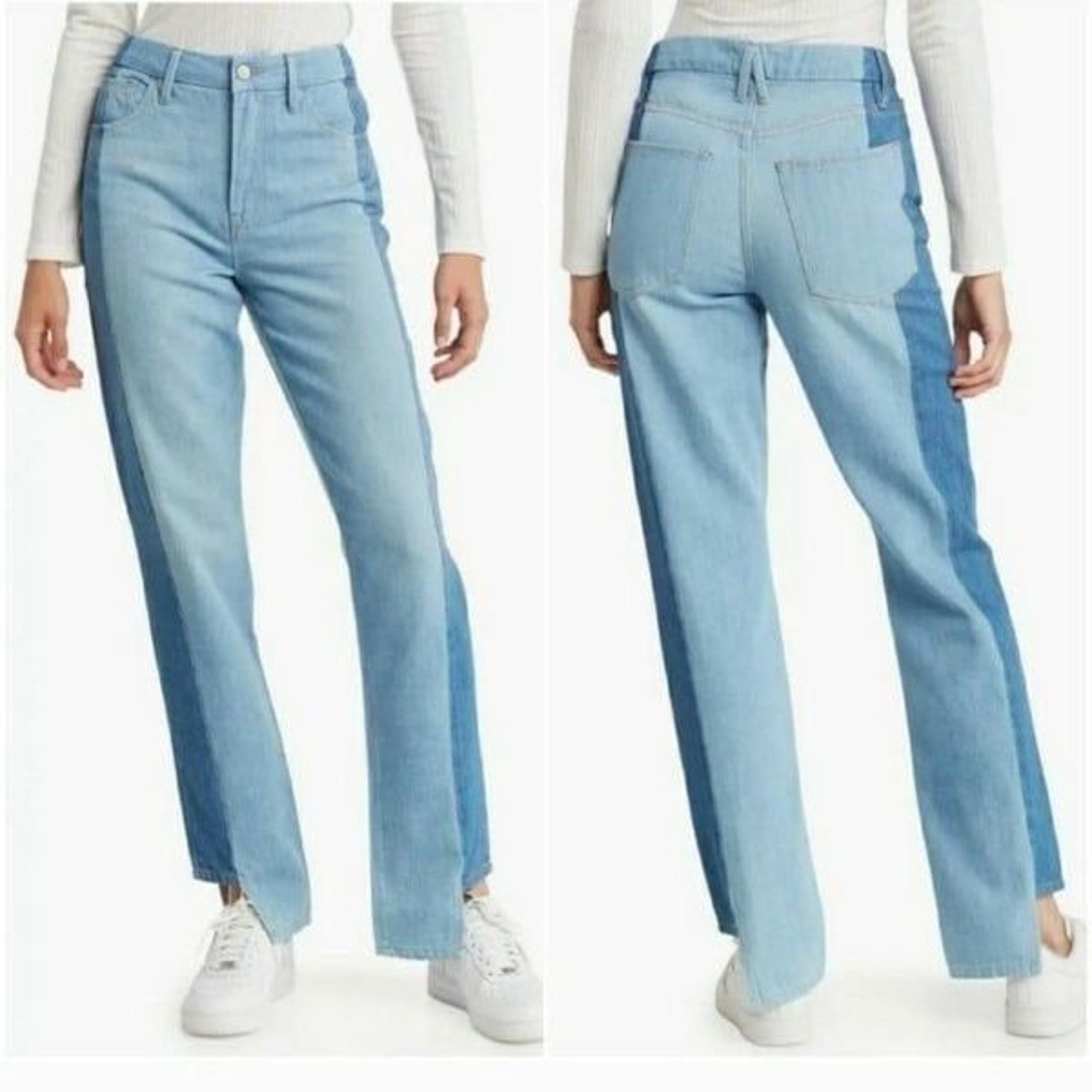 Good American Good Boy Two-Tone Step Hem High Waist Boyfriend Jeans sz 27x33 =4