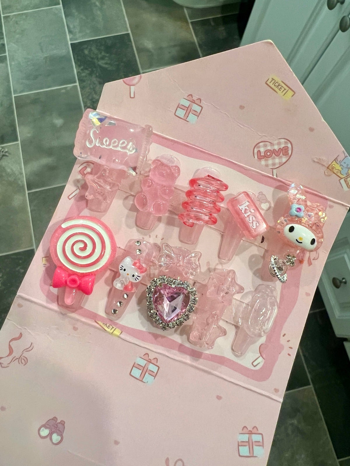 Charm pink kawaii hello kitty Melanie Martinez inspired nails