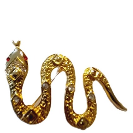 Textured Snake Brooch Goldtone Clear Rhinestones