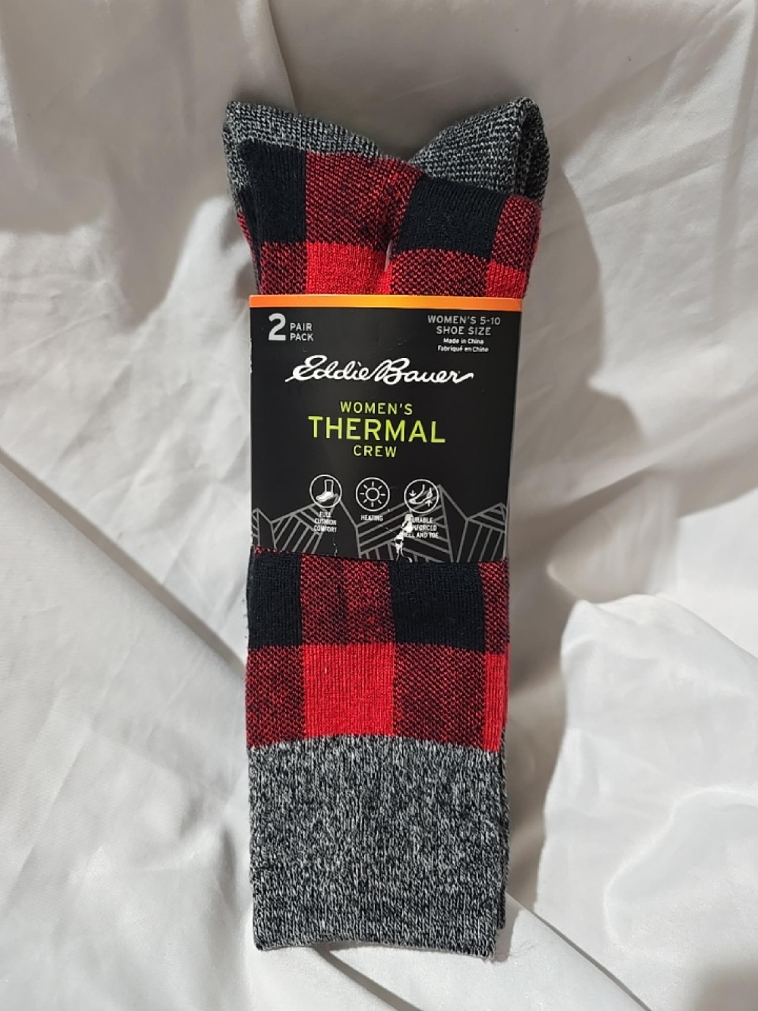 NWT Eddie Bauer Women 2 Pack Thermal Crew Socks Plaid Solid Cushioned Red Grey