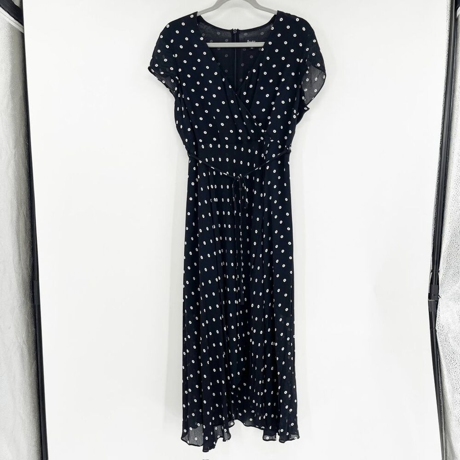 Bardot Wrap Dress Womens Size M/8 Black White V Neck Polka Dot Flowy Cocktail
