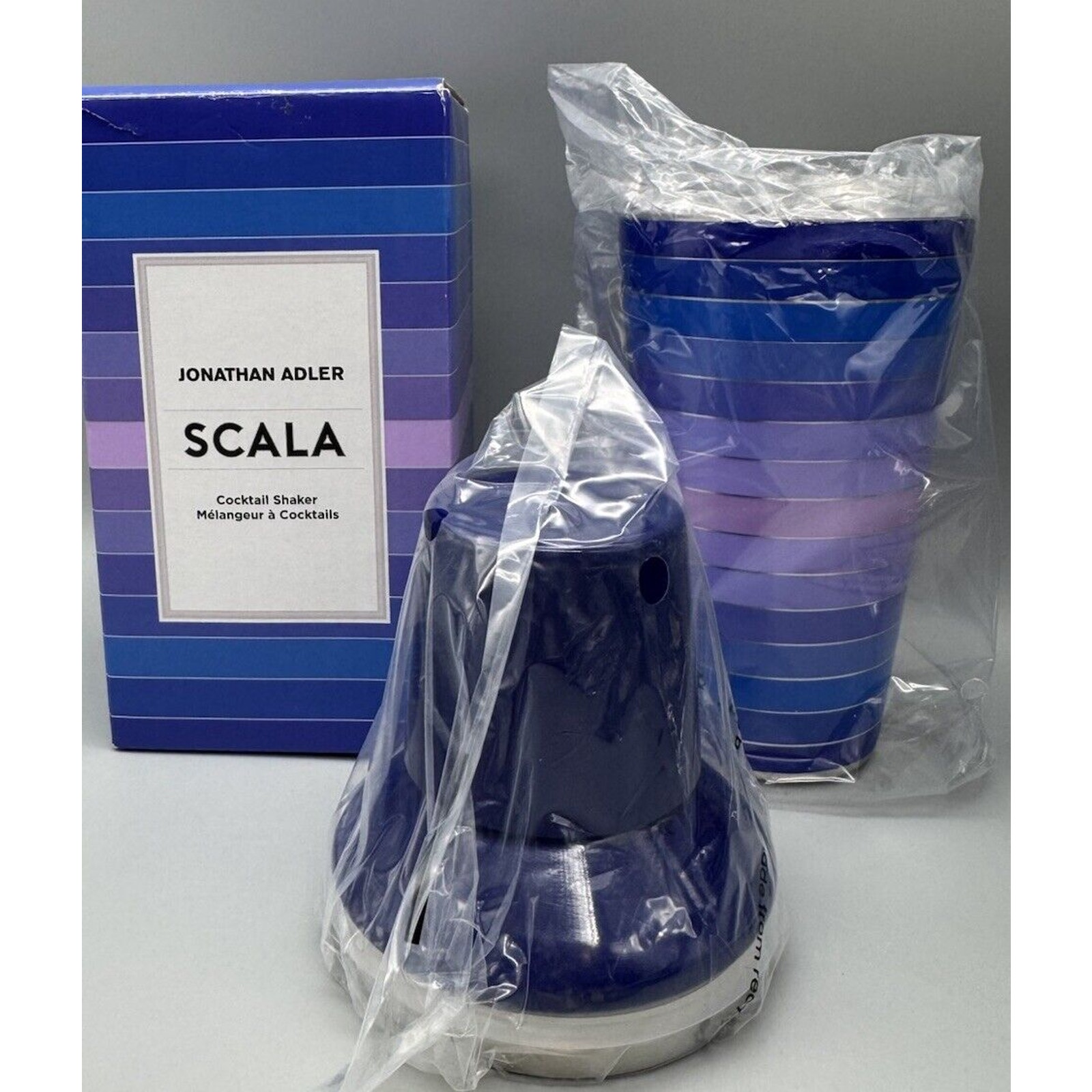Jonathan Adler Cocktail Shaker Scala Purple Blue Pink Stripes Modern Barware