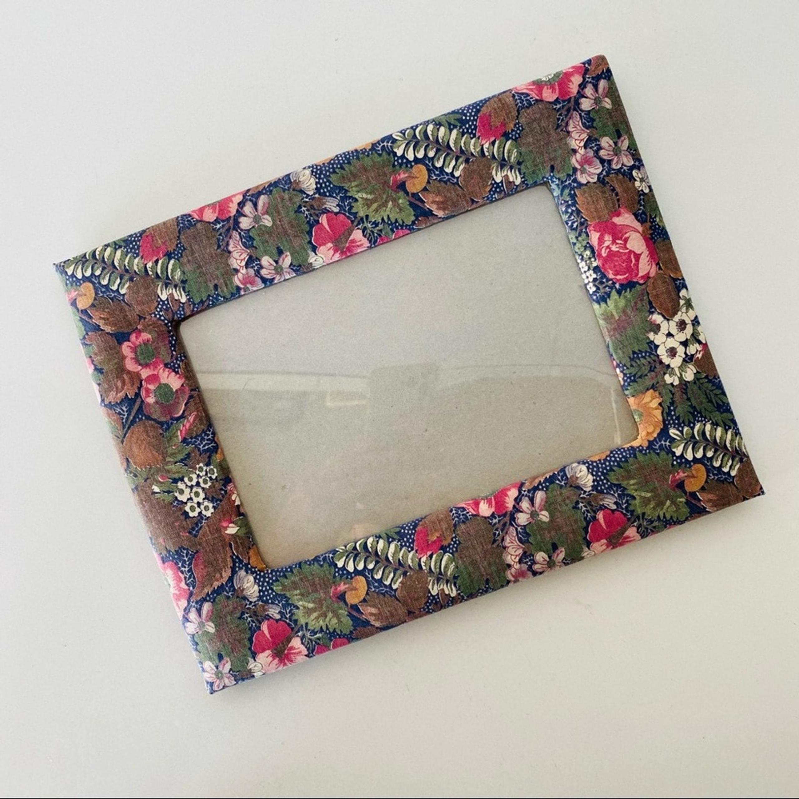 VINTAGE Blue Pink White Floral Print Fabric Handmade Photo Picture Frame Y2K 90s