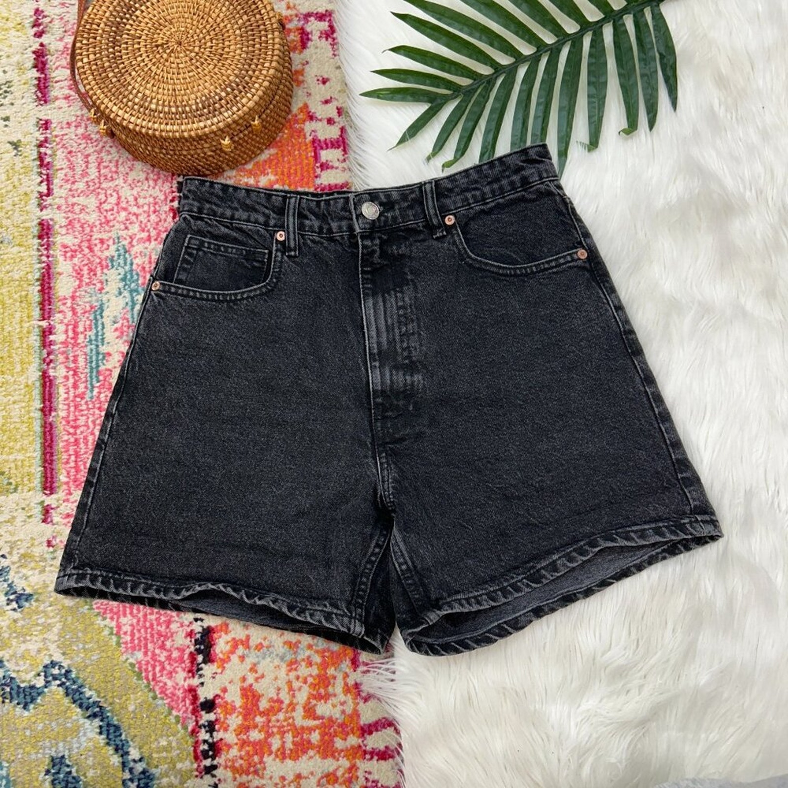 Zara Neutral Minimalist Black Denim Longer Long Loose Fit Jean Shorts 8