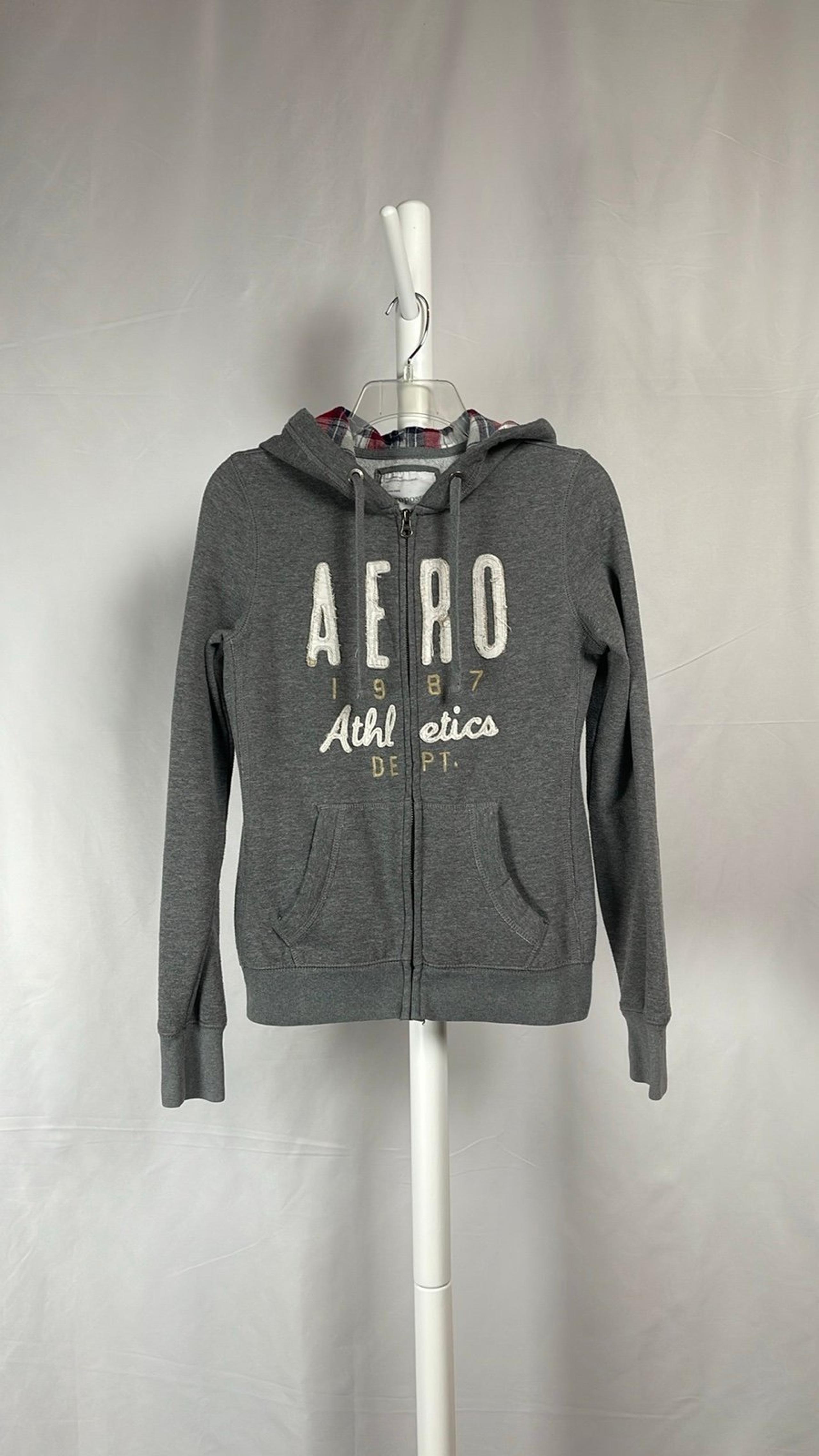 Aeropostale Heather Gray Zip Up Logo Plaid Flannel Lined Hoodie Fleece Juniors M