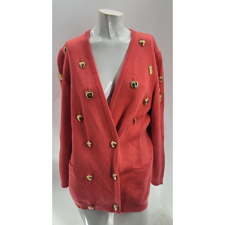 Escada Womens Vintage Orange Cotton Knit Double Breasted Fruit Sweater 34