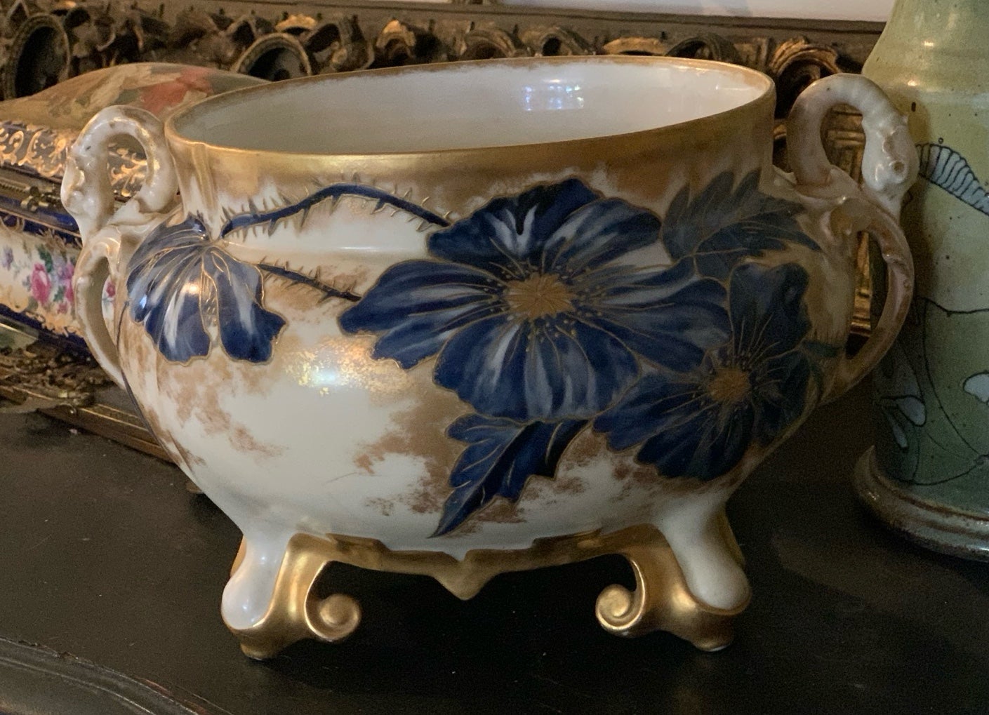 Antique ornate artnouveau jardinere France blue flowers snake dragons shabbychic