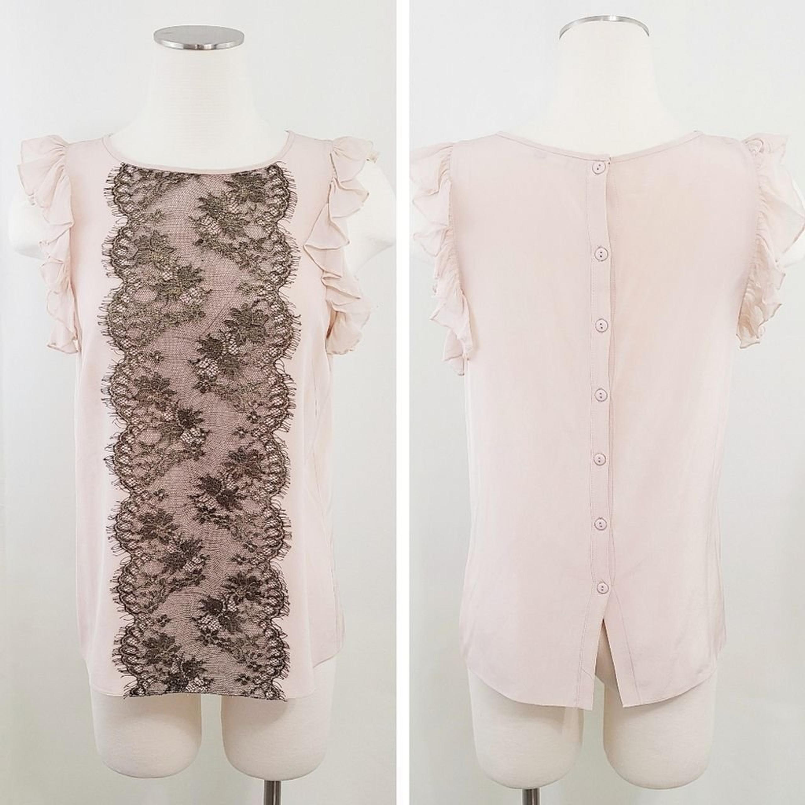 Tibi pink silk blouse black gold lace flutter sleeves button back no size