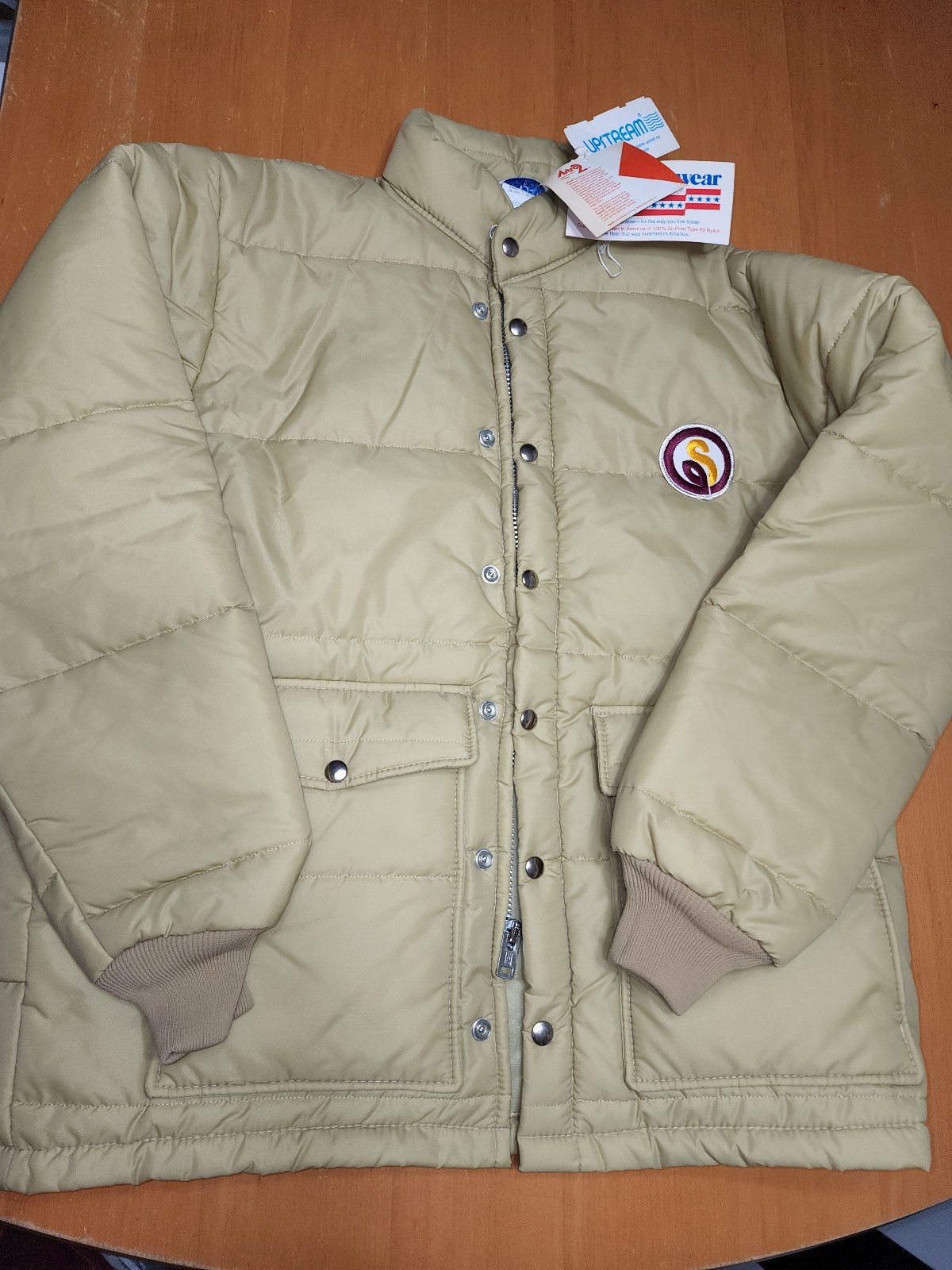 NEW VTG 70s Upstream Premium Division Tan Puffer Coat Zip Snap Winter L