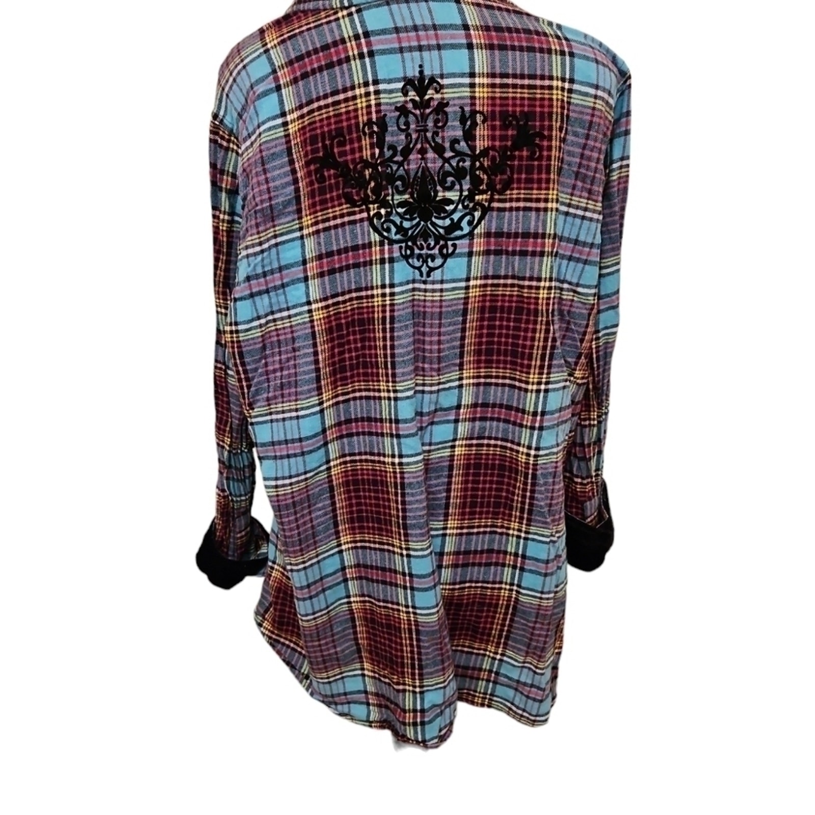 Soft Surroundings Highlands Teal Plaid Flannel Shirt w/ Black Velvet Trim s/m
