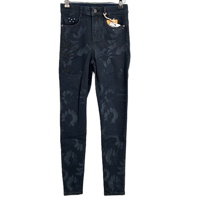 Desigual Jeans Dark Blue Floral Gemstone Embellishments Skinny Stretch US Size 4
