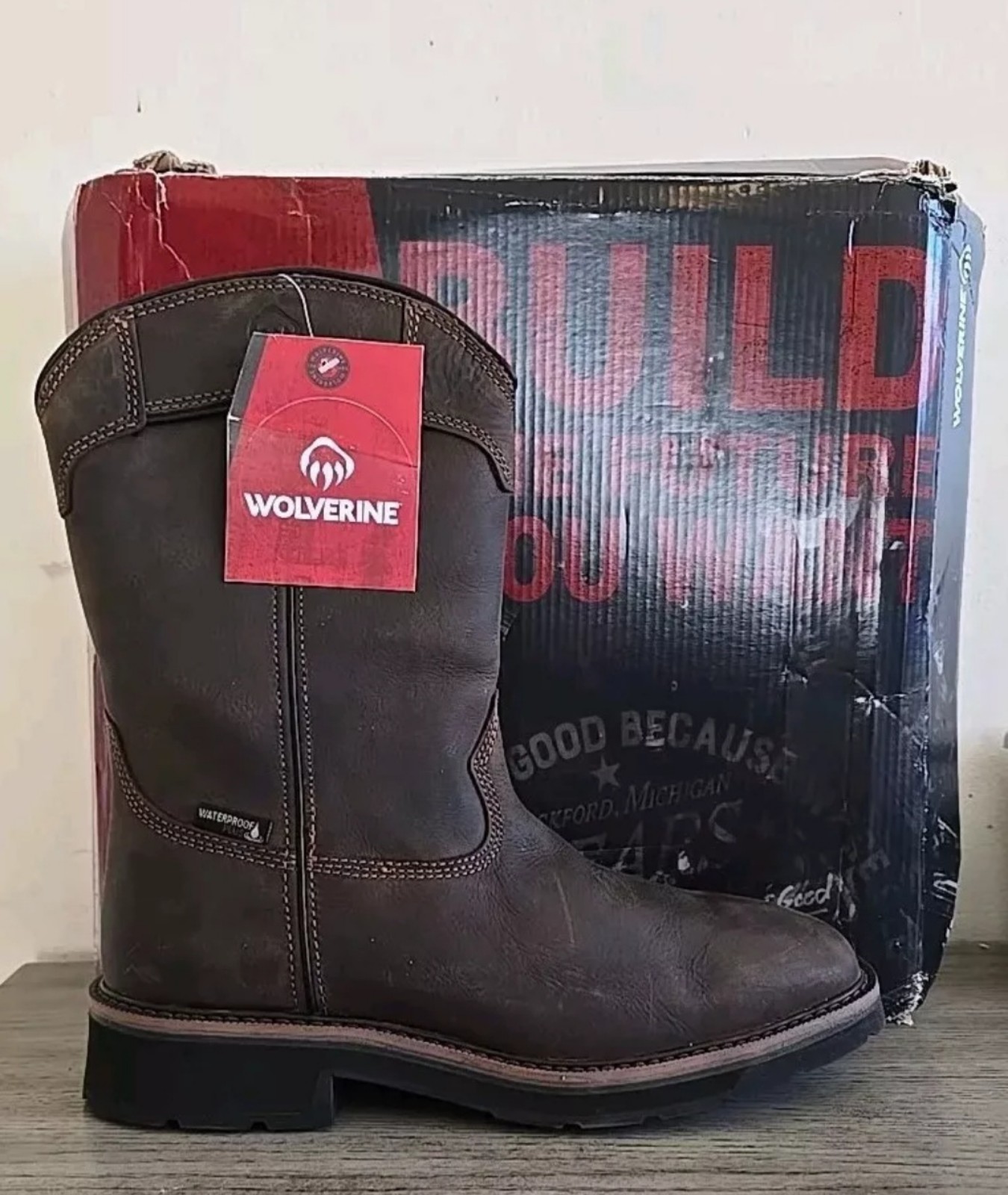 NEW Wolverine Rancher Pull-Tab Wellington Work Boot - Dark Coffee Size 9.5 EW