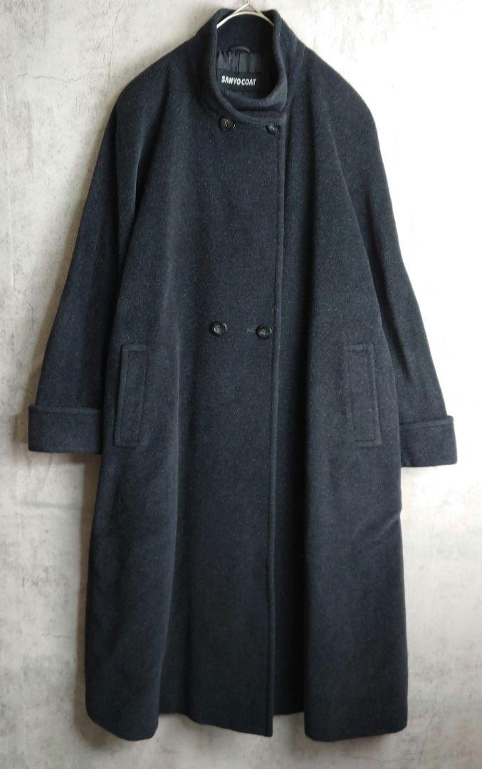 Angora Wool Double-Breasted Long Coat Black