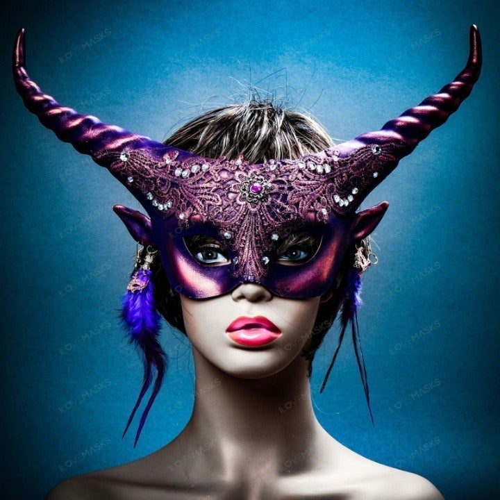 Purple Women Party Ball Mask Devil Horns