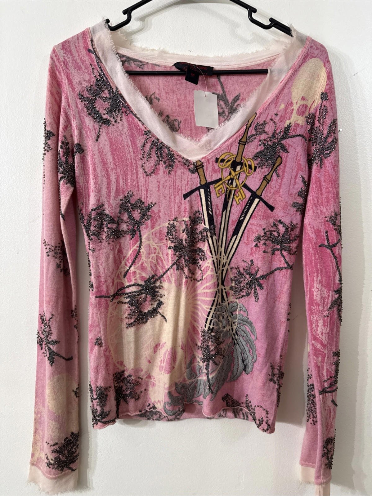 Vtg NWT Raw Y2K Skull Sword Embroidery Beaded 100% Cashmere Sweater Womens Sz M