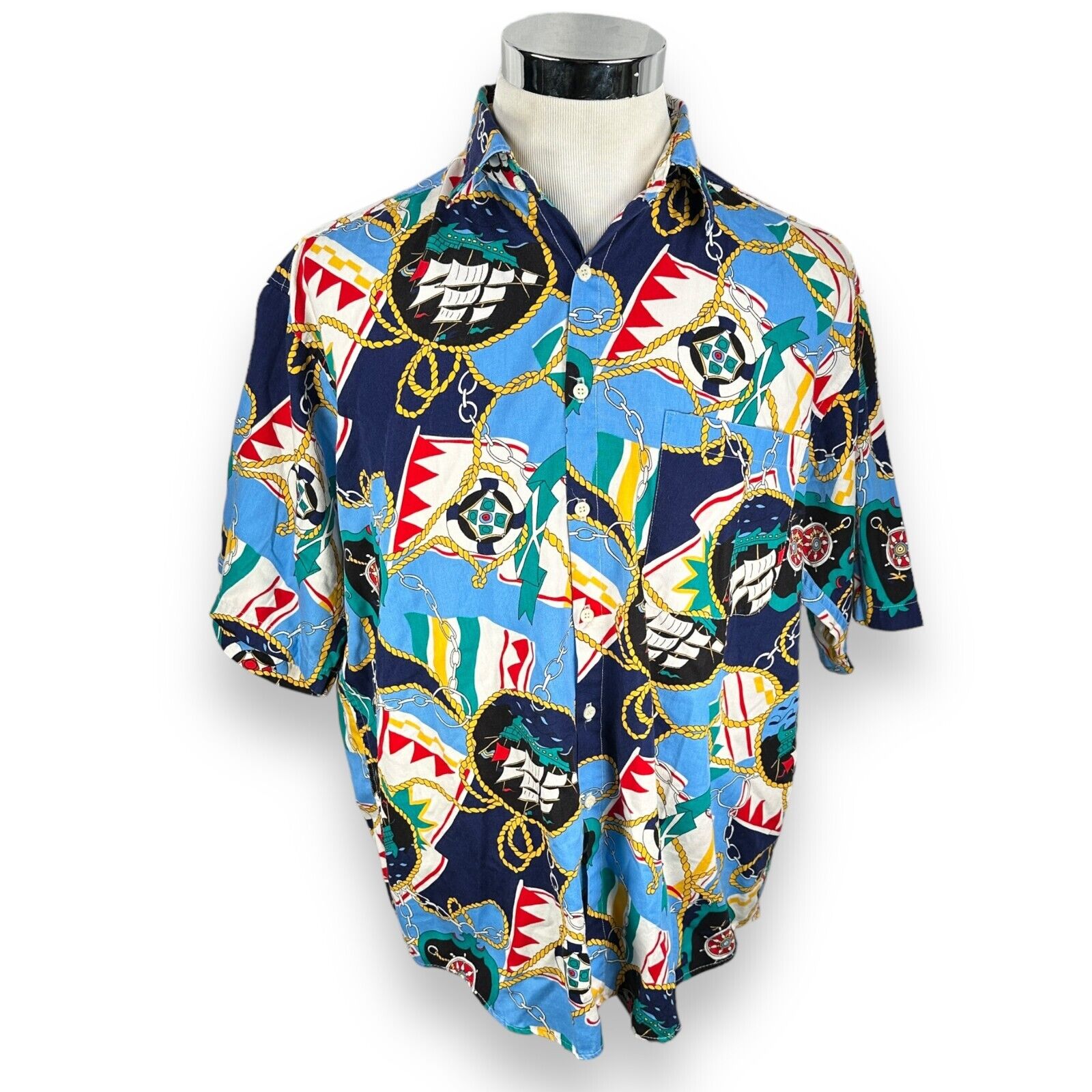 Vintage Tango Max Raab Shirt Men’s Large AOP Nautical Button Hawaiian Blue Gold