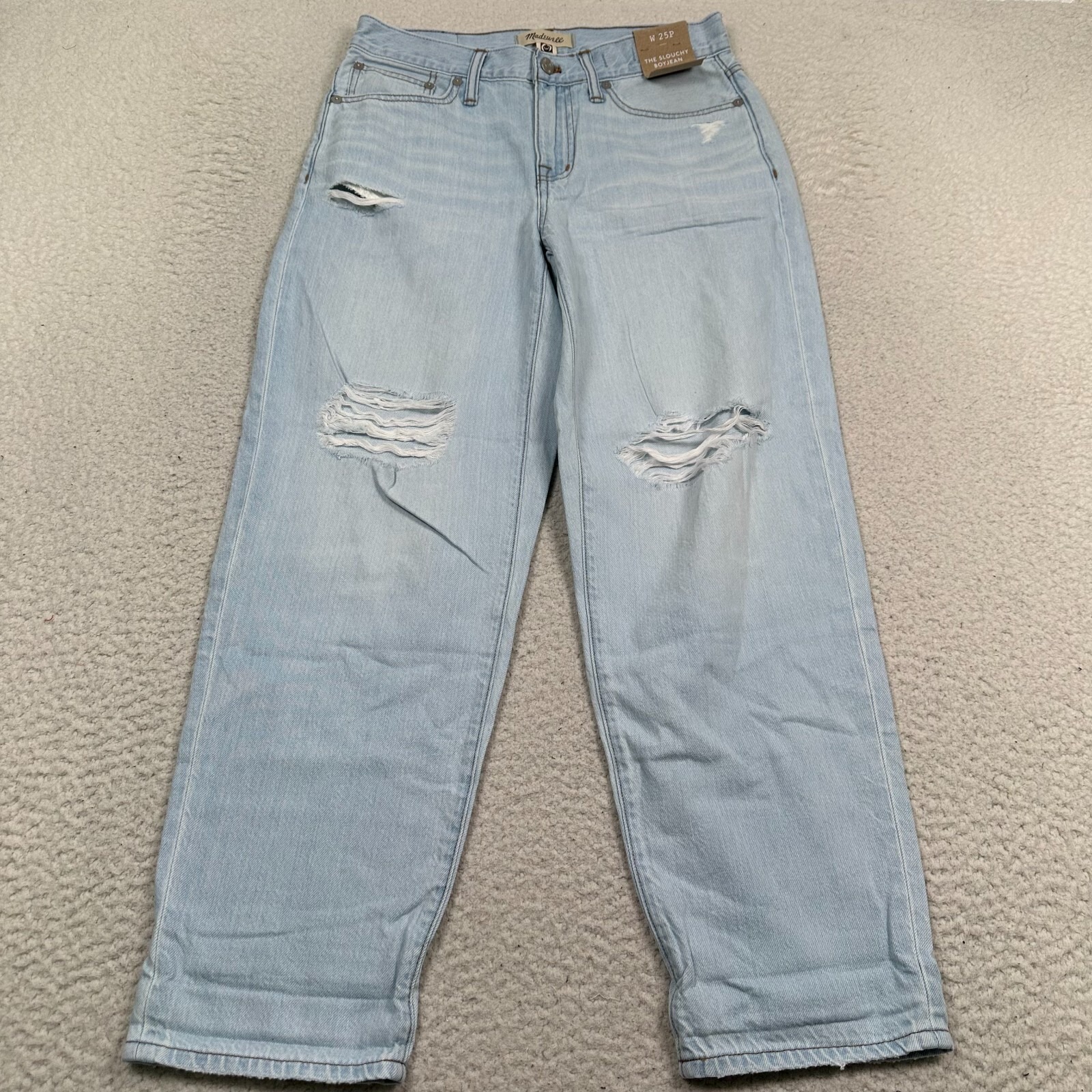 NWT Madewell The Slouchy Boy Jeans Womens 25P Distressed Light Wash Denim Blue