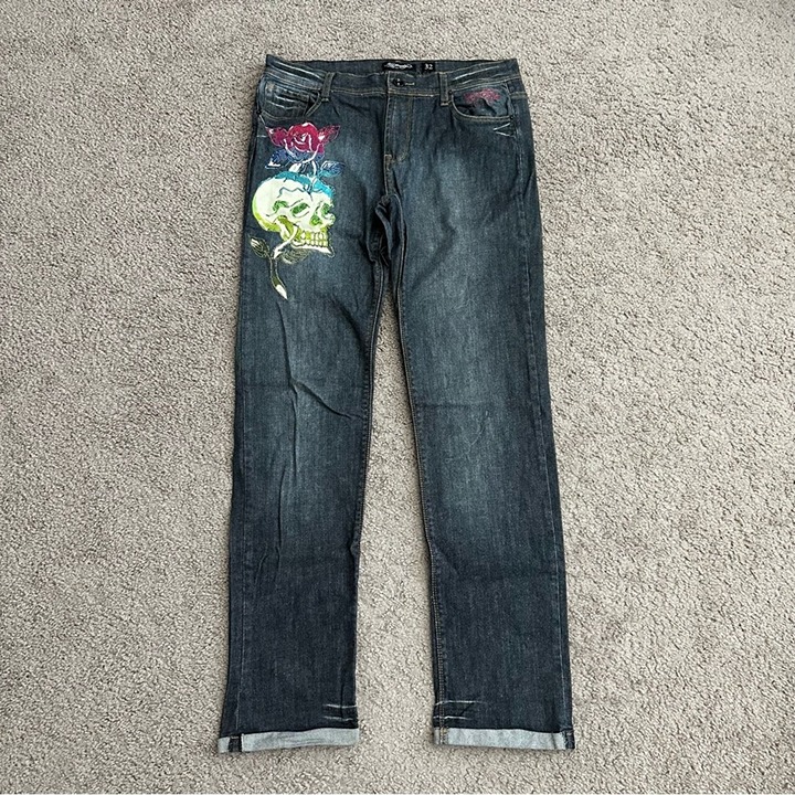 Ed Hardy Womens Jeans Size 32 Embroidered Rhinestones Skull Rose Straight Leg