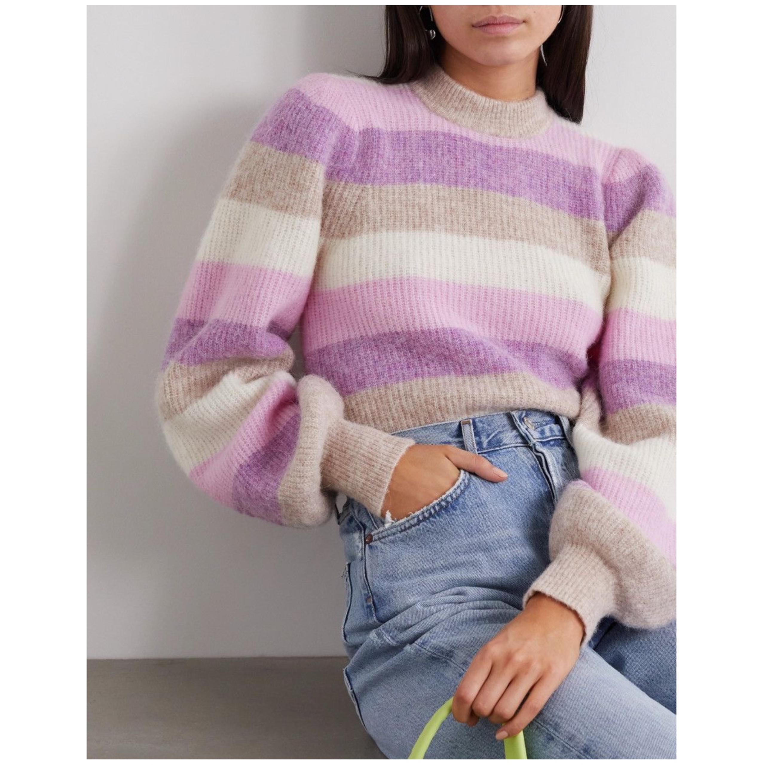 GANNI Balloon Sleeve Wool-Blend Striped Sweater, Violet Tulip, XS