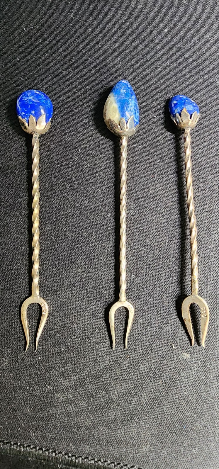 900 Silver & Lapis Lazuli Cocktail Skewers Picks 1960-1970