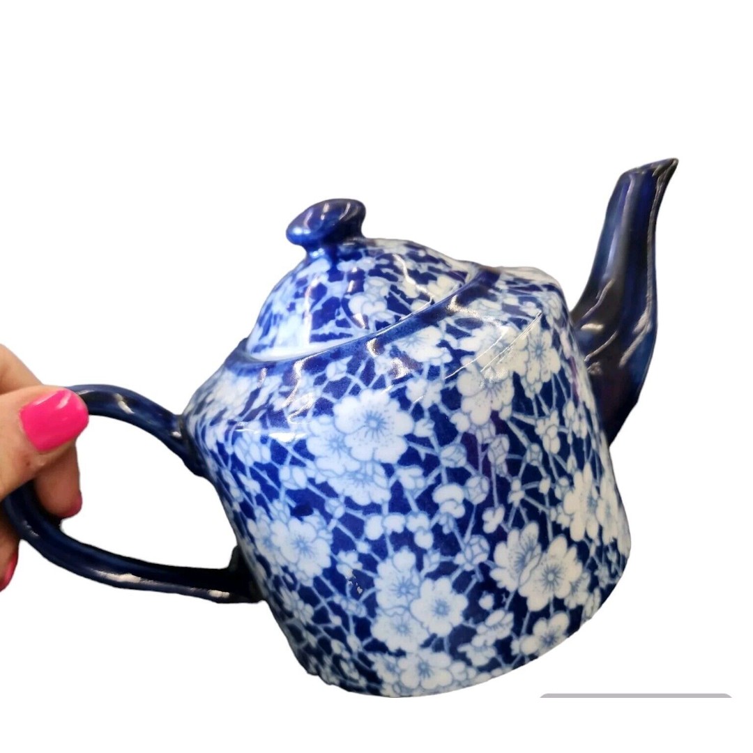 Vintage Victoria Ware Ironstone Chintz Teapot Floral Cobalt Blue & White