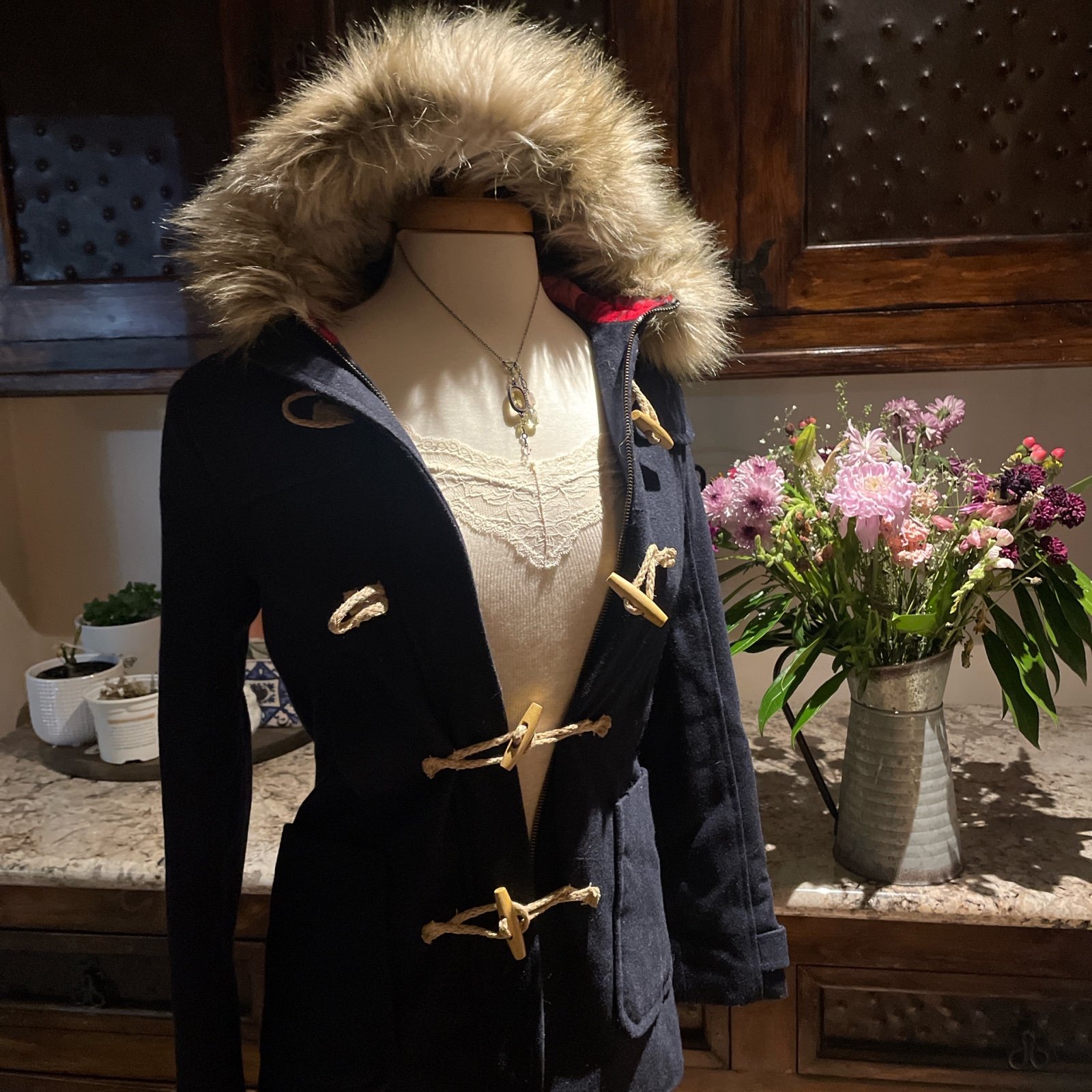 ♡ Y2K AMERICAN EAGLE FUR HOOD VINTAGE 2000S PLAID LINED COAT NAVY BLUE RARE ♡
