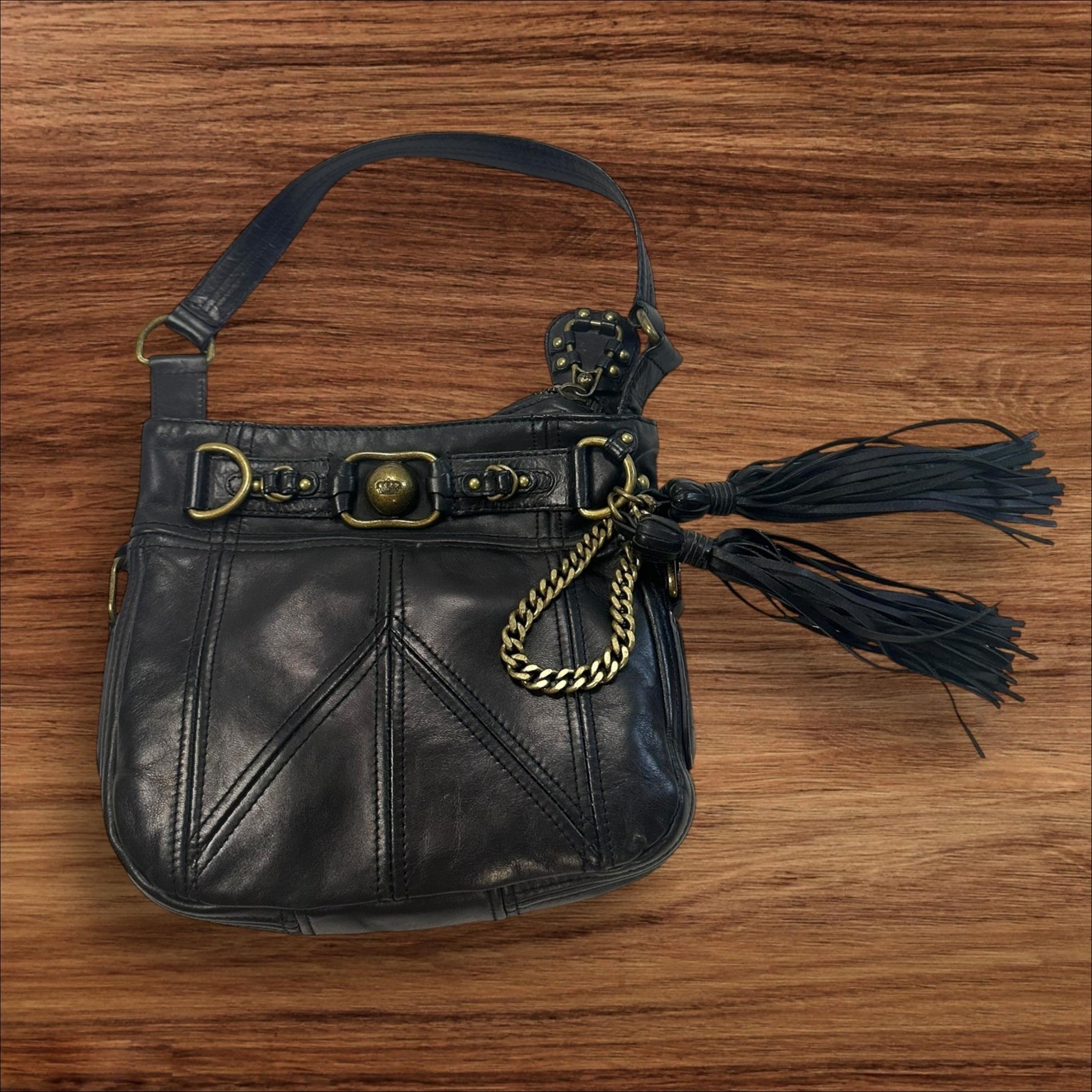 Y2K Juicy Couture Leather Hobo Bag Tassels Chain Accent Shoulder Bag Purse