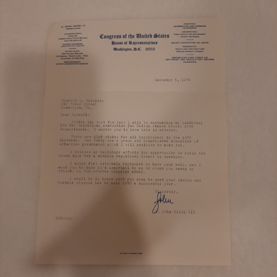 Vintage 1975 Signed Letter Representative H. John Heinz III Congress Letterhead