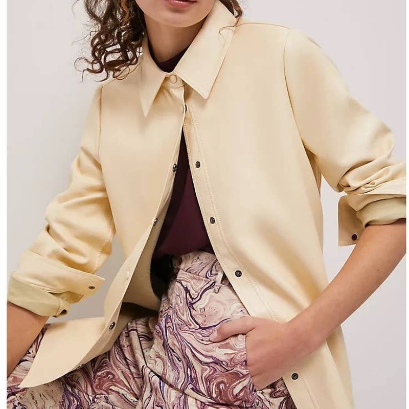 Anthropologie Tullia Creme Vegan Leather Snap Front Shirt ~ size Large