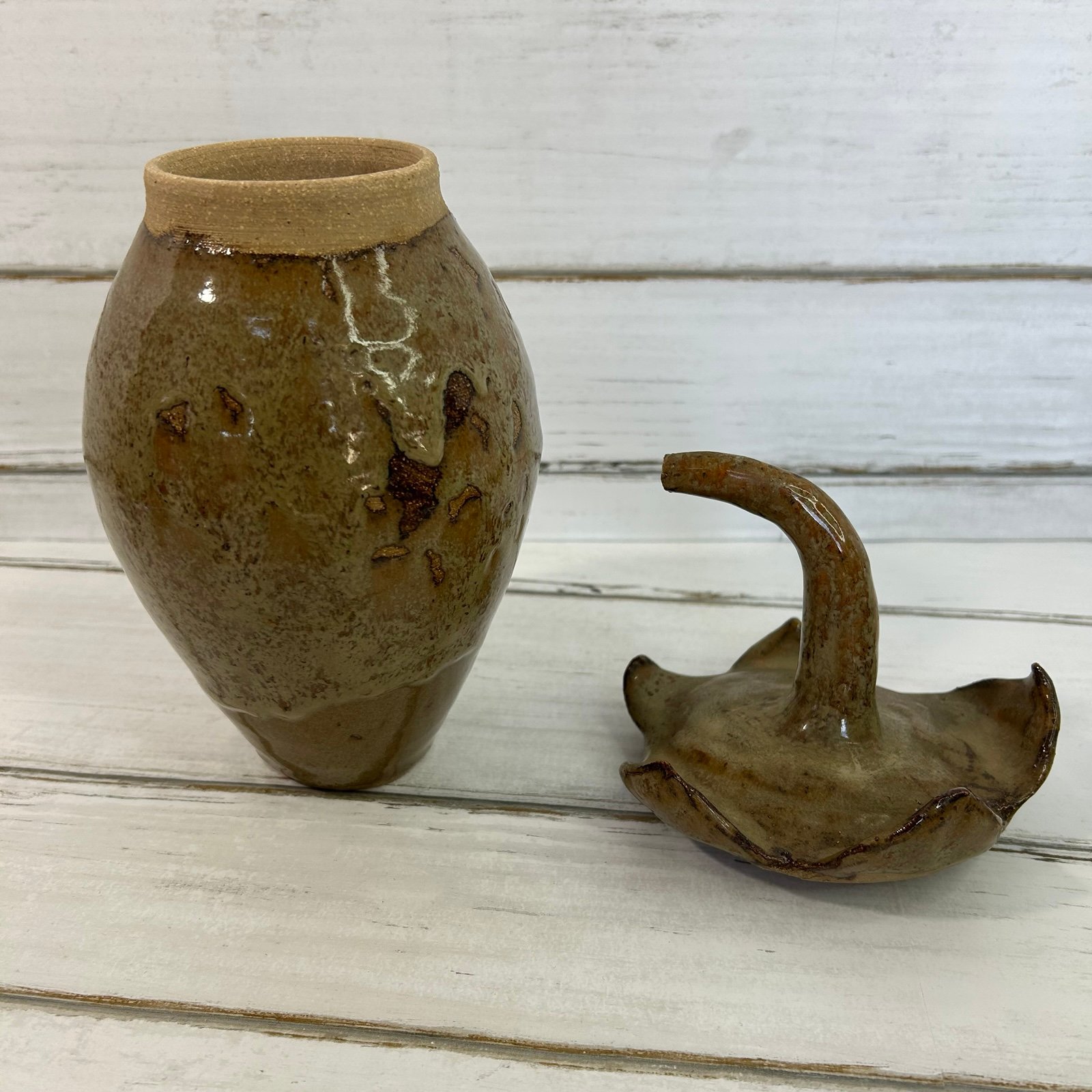 Vintage Handmade Glossy Pottery Vase with Lid