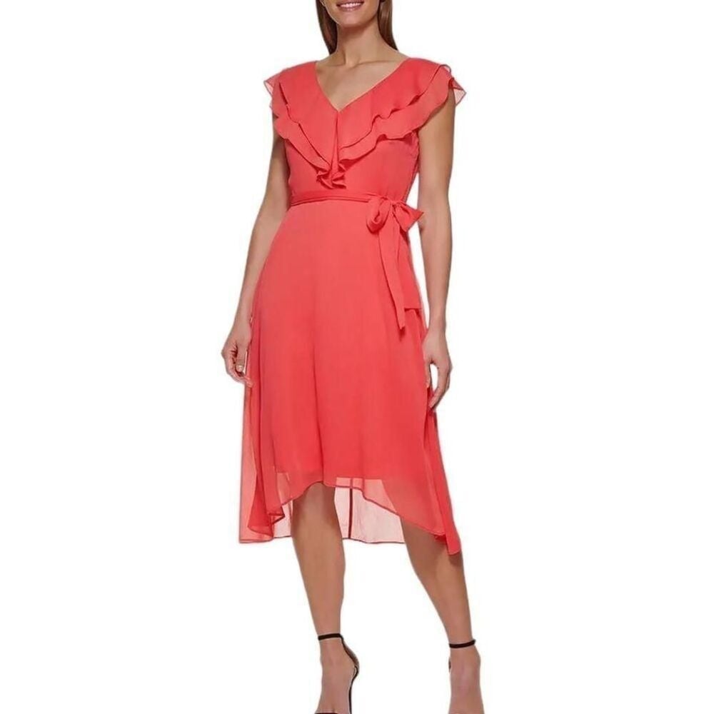 DKNY Womens Coral Sheer Zippered Ruffled Sleeveless V Neck Below size 2