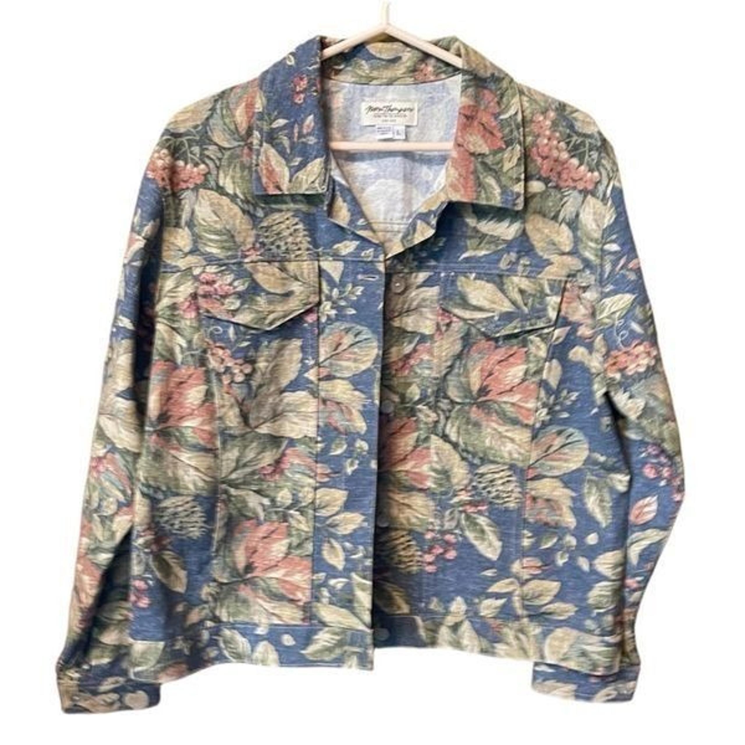 Vintage Norm Thompson size large floral denim jacket.