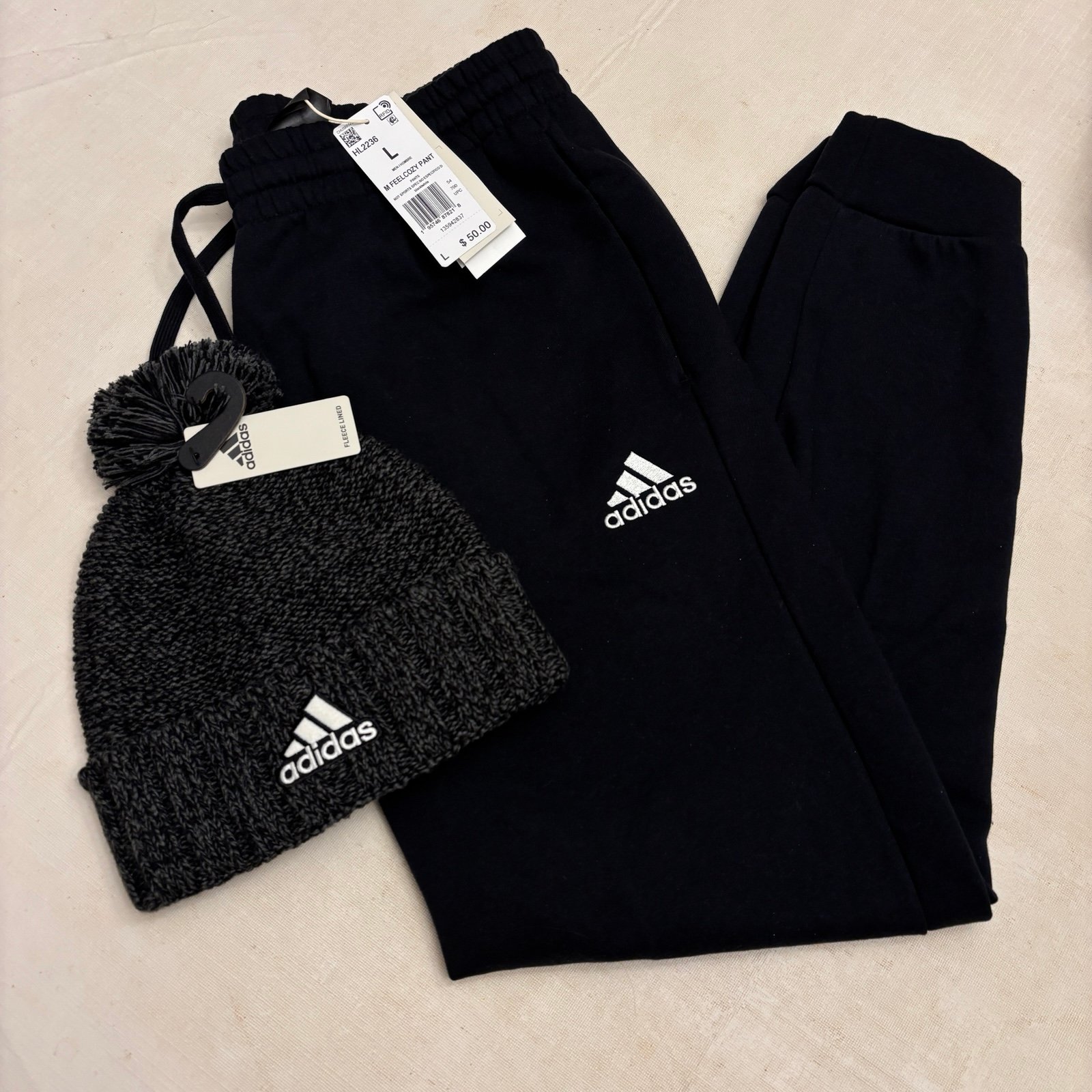 Adidas Mens Essentials Fleece Regular Tapered Sweat Pants L & Black Beanie Hat
