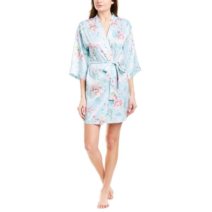 NEW Flora Nikrooz XS/S Mint Multi Floral Roses Charmeuse Robe Inner Waist Tie