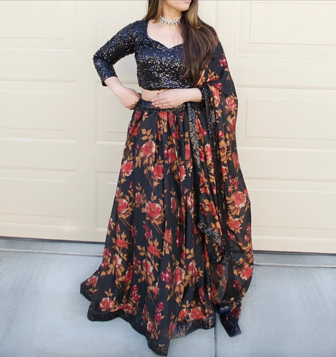 Indian Lehenga Lehnga Choli Floral Black Pink Katrina Kaif Inspired Sequin