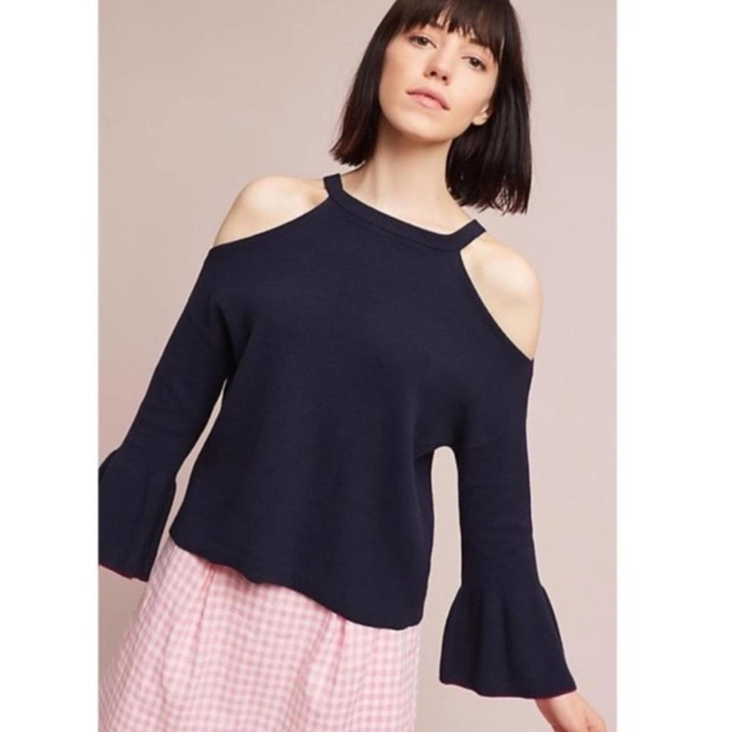 ANTHROPOLOGIE Navy Knit Leandre Cold Shoulder Knit Sweater Bell Sleeve SMALL