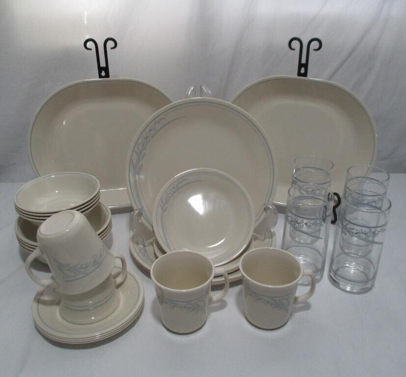Vintage Corelle Blue Lily beige dishes plates bowls platters glasses 30 PIECES