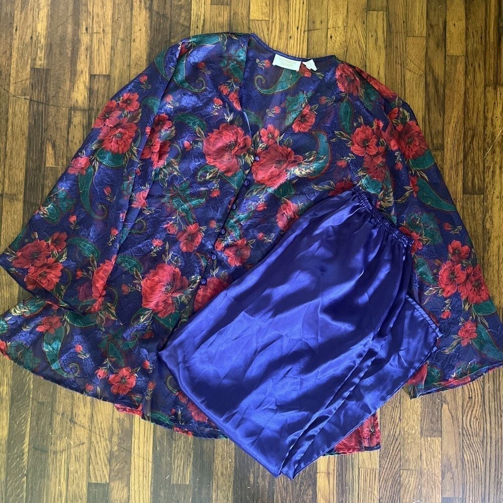 Vintage Gold Label Victoria Secret Small Satin Sheer Pajama Floral Button Top