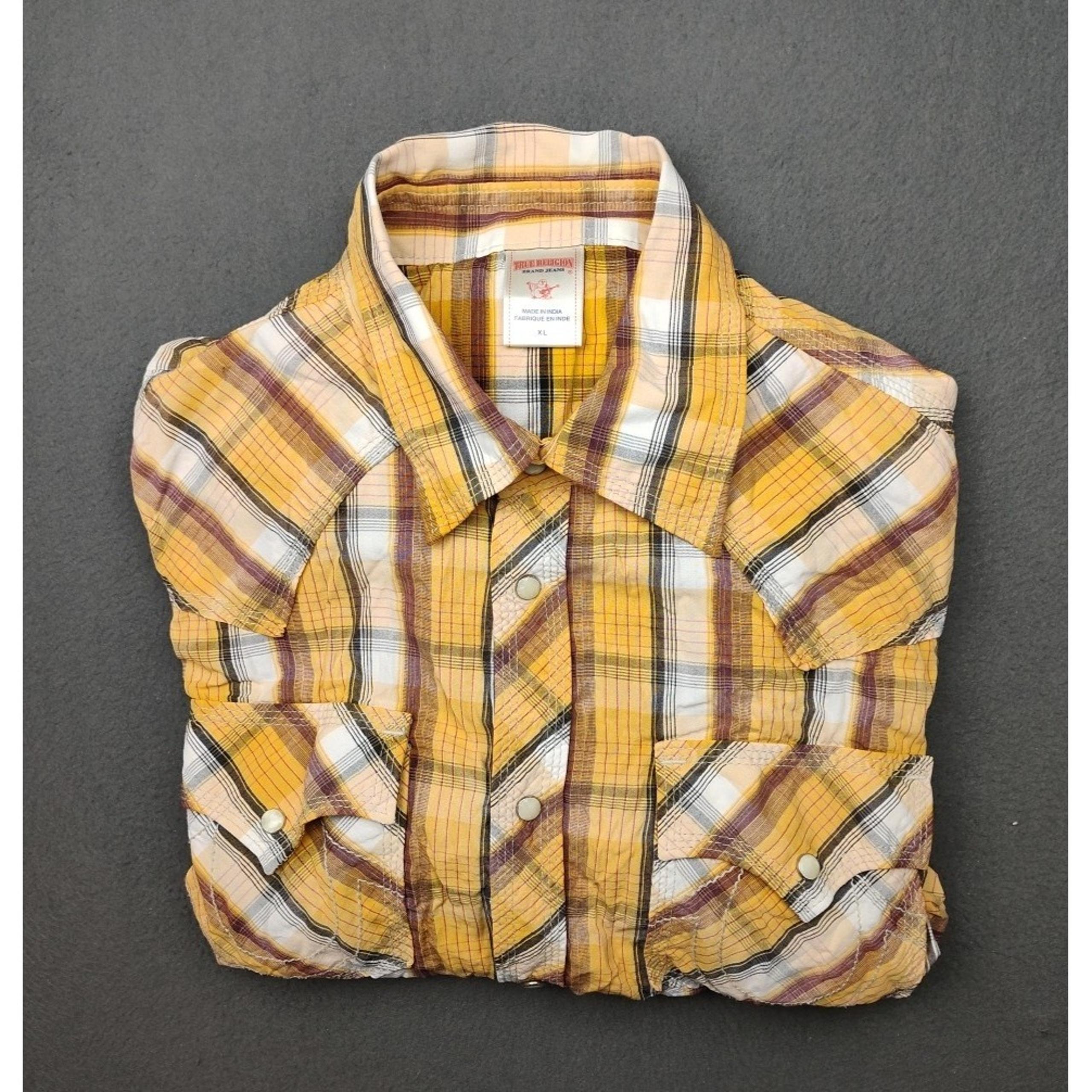 True Religion Shirt Mens Extra Large Orange Plaid Pearl Snap Western Rodeo Work