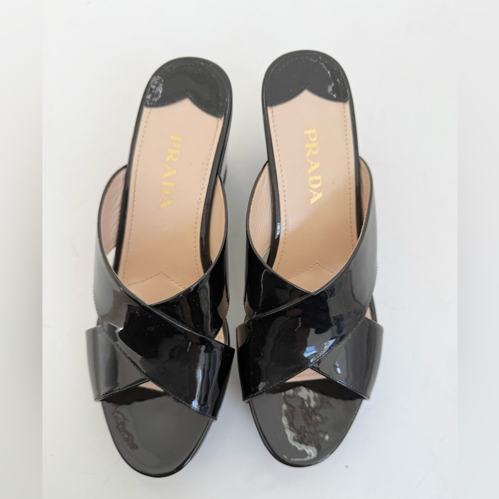 Prada Black Patent leather Criss cross peep toe platform wedge sandals 39.5